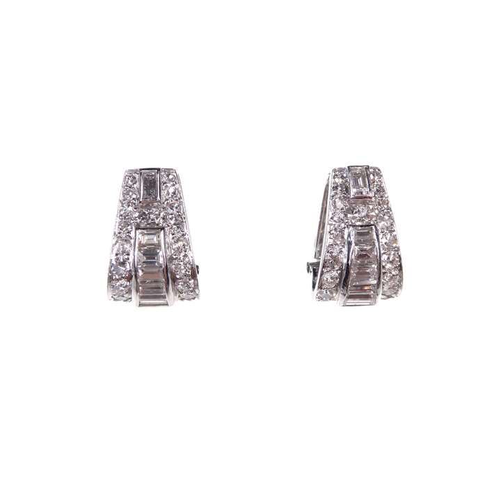 Pair of small Art Deco diamond earrings of tapering geometric design
